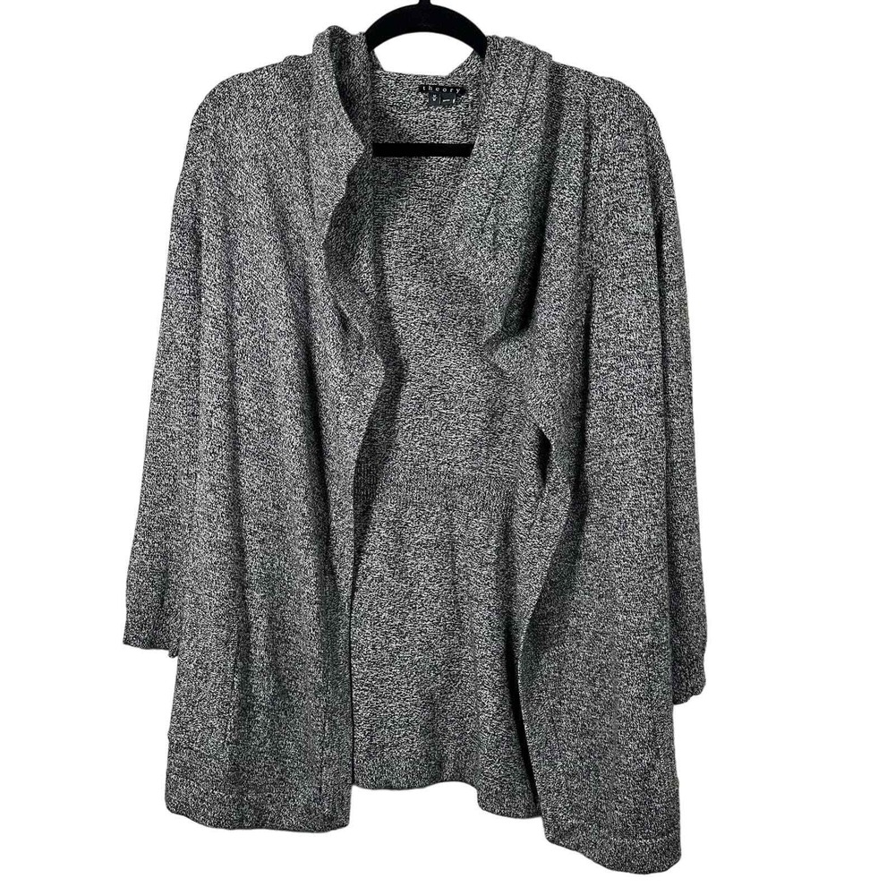 Theory Medium Cardigan Black Long Sleeve Draped Shawl Wool Blend Marled Pocket